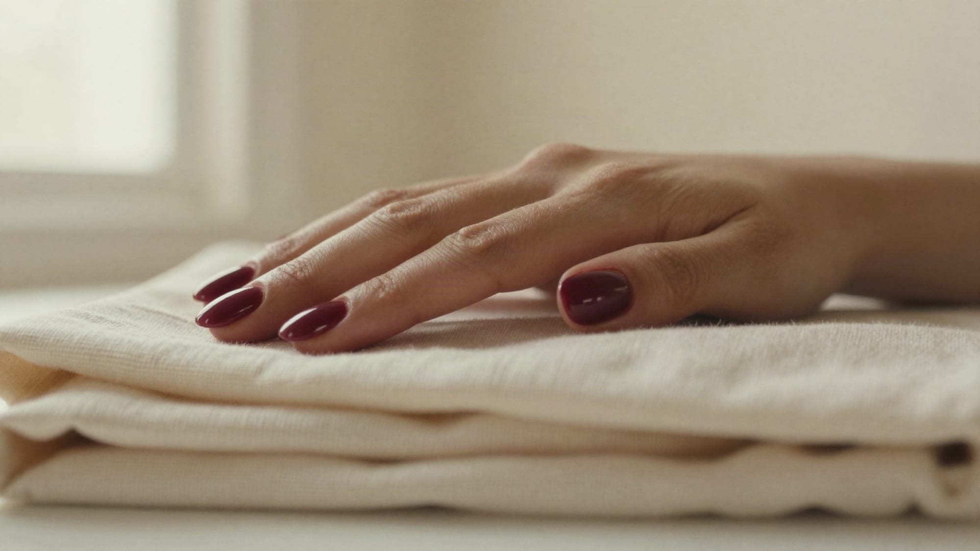A hand with a glossy deep plum manicure resting on folded cream linen in soft window light.