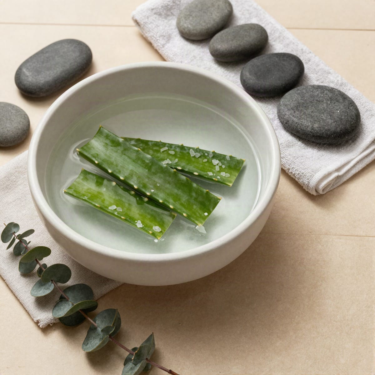 A ceramic footbath with aloe leaves and sea salt beside smooth hot stones on a linen towel.