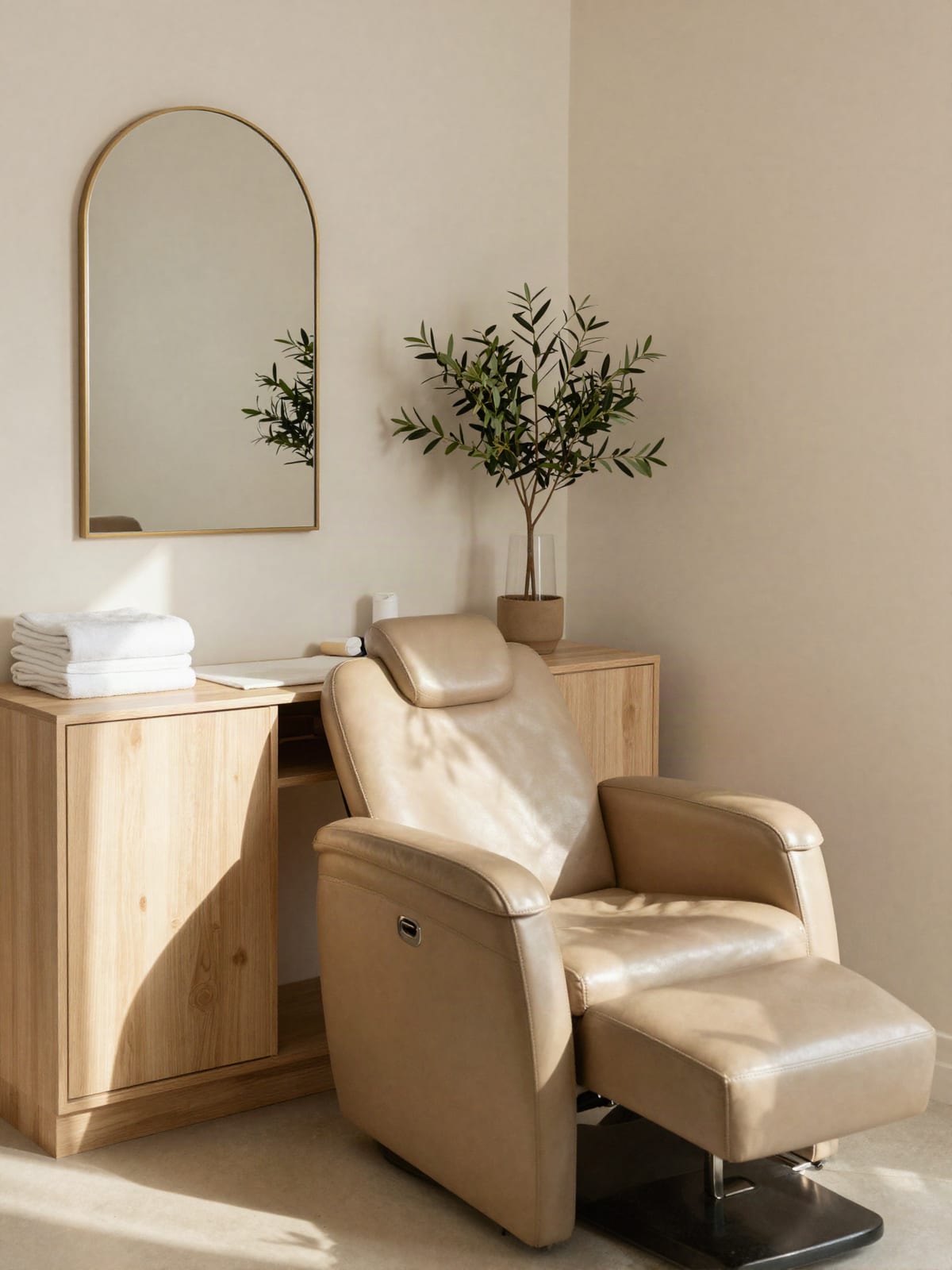 A quiet corner of the salon: pale oak cabinetry, a single pedicure chair, folded white towels and an olive plant in morning light.